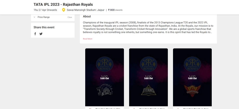 Rajasthan Royals Ticket booking